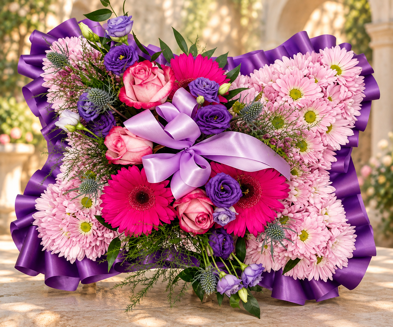 Purple Lisianthus Gerbera Rose Pillow funeral tribute by Reynolds Flowers for Wareham Village Funeral Home