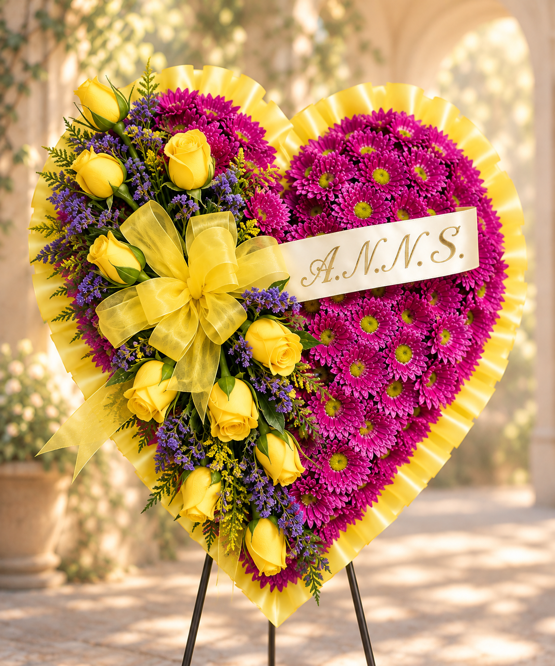Loving Memories Heart Purple with Yellow sympathy wreath by Reynolds Flowers for Cartwright Funeral Home in Holbrook Massachusetts