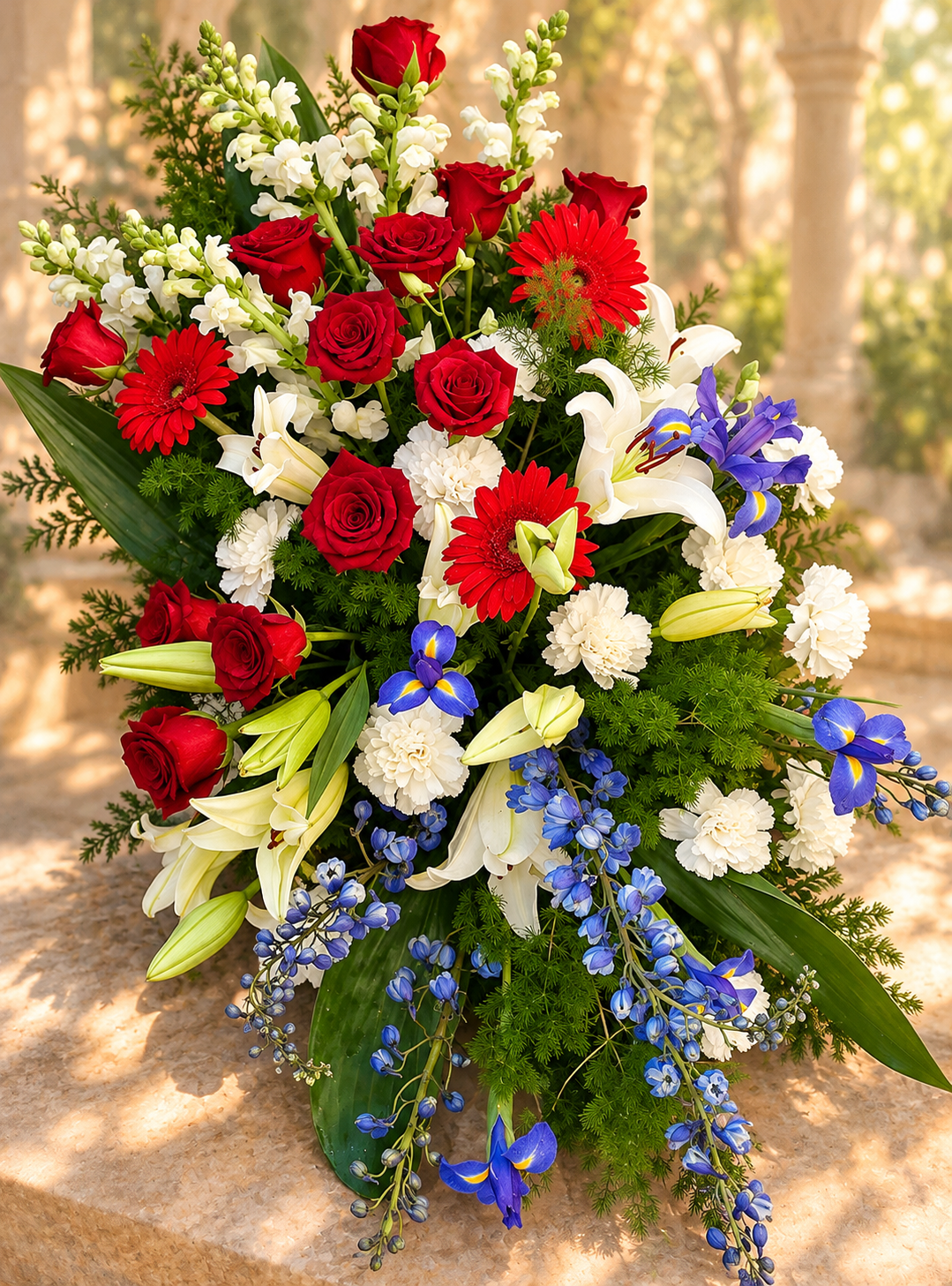 Sacred Duty Sympathy Easel Spray by Reynolds Flowers for funeral flower delivery to Farley Funeral Home in Stoughton Massachusetts