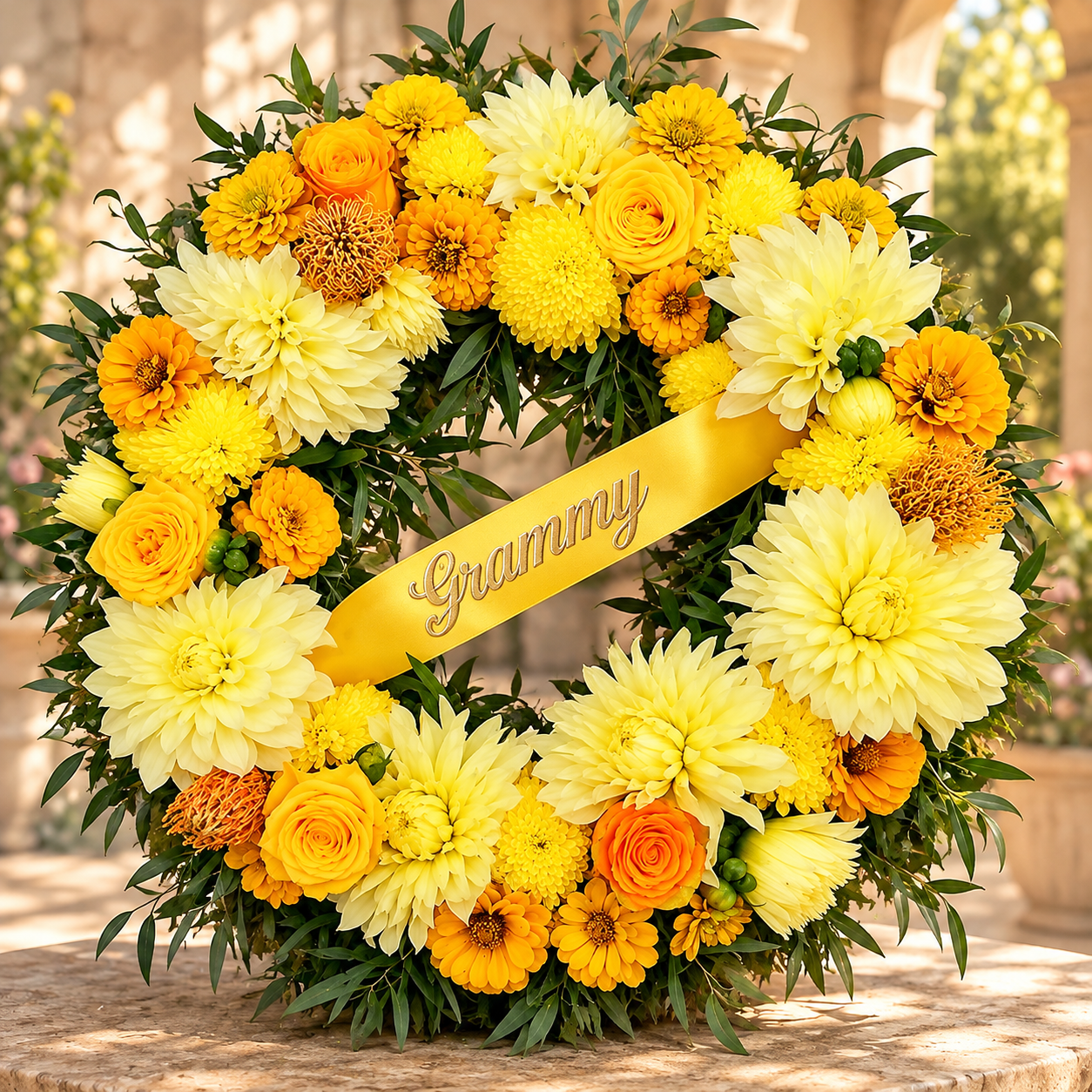 Circle of Sunshine floral tribute by Reynolds Flowers for South Coast Chapel Mortuary in East Freetown Massachusetts