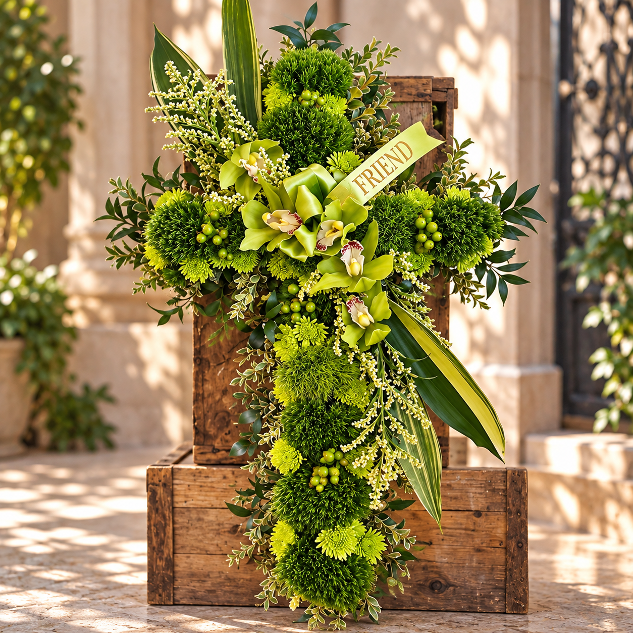 Compact Spring Greens Cross floral memorial arrangement by Reynolds Flowers for Cartwright-Venuti Funeral Home in Braintree Massachusetts