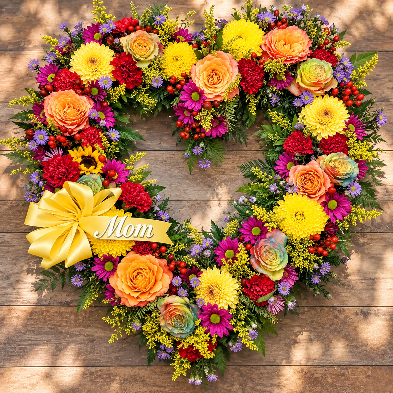 Harvest Rainbow Heart-Shaped Wreath by Reynolds Flowers for funeral flower delivery to Blanchard Funeral Chapel in Whitman Massachusetts