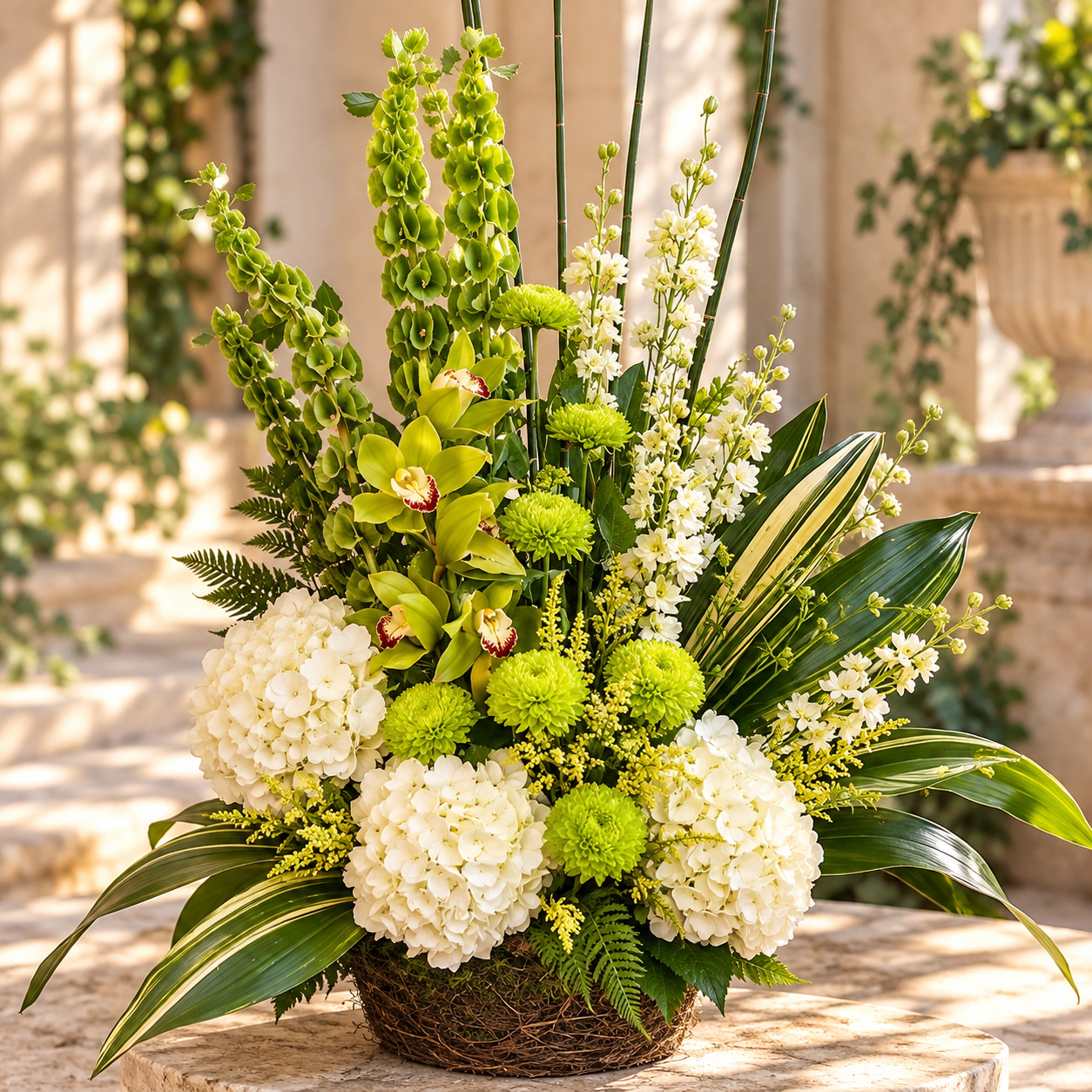 Ikebana-Inspired Spring Greens Moss Bouquet by Reynolds Flowers, contemporary sympathy flowers for MacDonald Funeral Home in Marshfield Massachusetts
