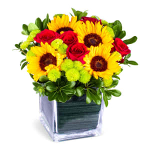 Sunny Sunflowers and Red Roses Flower Bouquet