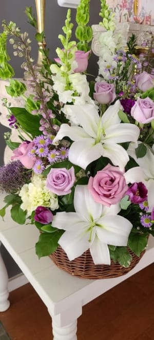 White and Lavender color Palette Sympathy Basket Flower Bouquet