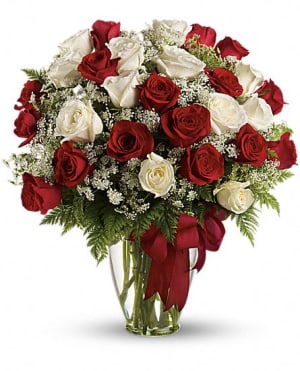 Love's Divine - White & Red Long Stemmed Roses Flower Bouquet