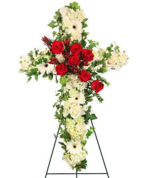 Peaceful Crossover - White & Red Funeral Cross Flower Bouquet