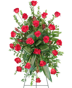 Crimson Departure - Red Standing Funeral Arrangement Flower Bouquet