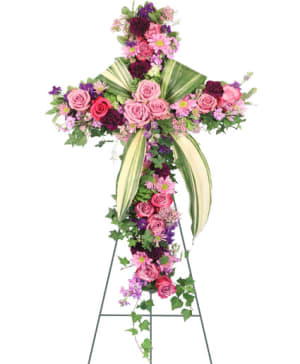 Royal Farewell - Purple Floral Cross with Easel Flower Bouquet