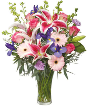 Enjoy Your Day - Pink Stargazers & Blue Iris Bouquet Flower Bouquet