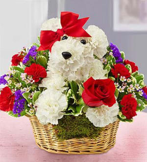 Love Pup - Valentine's Dog Flower Basket Flower Bouquet