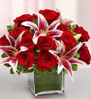 Modern Embrace Red Rose and Lily Cube Flower Bouquet