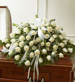 Cherished Memories Rose Half Casket Cover - White Flower Bouquet