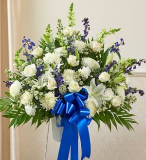 Heartfelt Sympathies Standing Basket-Blue & White Flower Bouquet