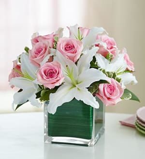 Modern Embrace Pink Rose & Lily Cube
 Flower Bouquet