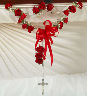 Small Rosary with Red Spray Roses Flower Bouquet