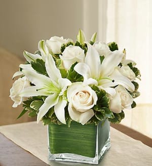 Modern Embrace White Rose and Lily Cube Flower Bouquet