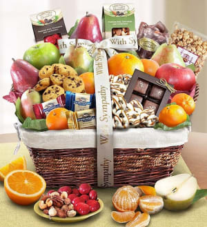 With Sympathy Fruit & Sweets Gift Basket  Flower Bouquet