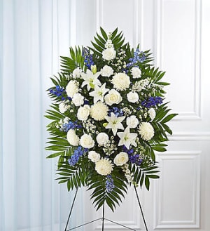 Blue & White Sympathy Standing Spray Flower Bouquet