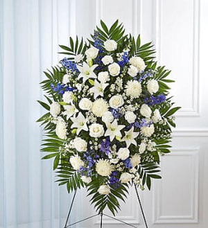 Blue & White Sympathy Standing Spray Flower Bouquet