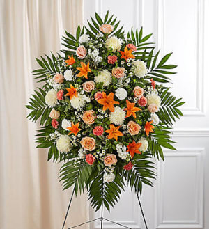 Peach, Orange & White Sympathy Standing Spray Flower Bouquet