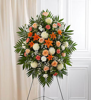 Peach, Orange & White Sympathy Standing Spray Flower Bouquet