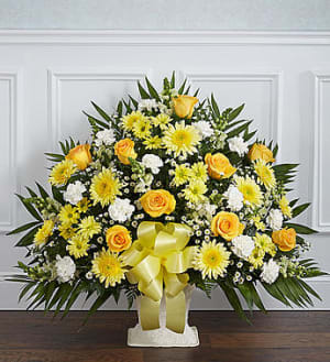 Heartfelt Tribute Floor Basket- Yellow Flower Bouquet