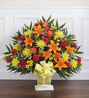 Heartfelt Tribute™ Floor Basket- Bright Flower Bouquet