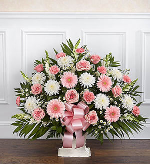 Heartfelt Tribute™ Floor Basket- Pink & White Flower Bouquet