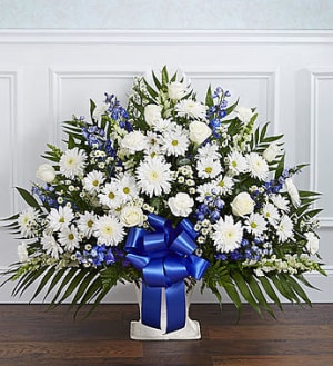 Heartfelt Tribute Floor Basket- Blue & White Flower Bouquet