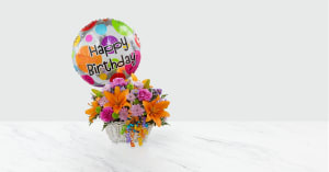 The Happy Blooms Basket- Balloon Included Flower Bouquet