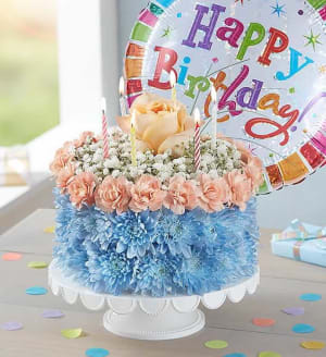 Birthday Wishes Flower Cake Coastal +Free Mylar Flower Bouquet