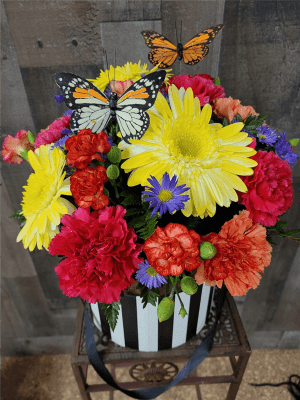 Butterfly Garden in Black & White Round Box Flower Bouquet