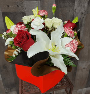 Red & Whites in Black/Gold Wrap & Red Heart shaped Box Flower Bouquet