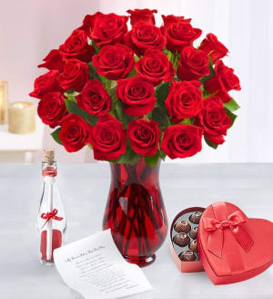 Message in a Bottle with Red Roses Flower Bouquet