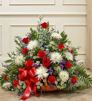 Thoughts and Prayer Fireside Basket-Red/White/Blue Flower Bouquet