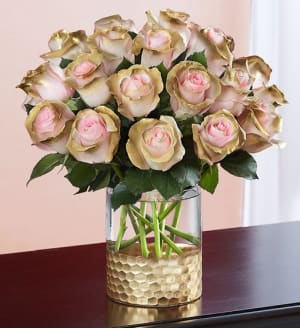 Be Mine Pink and Gold Roses Flower Bouquet