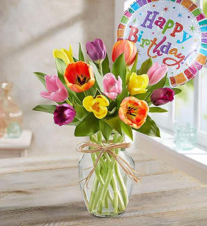 Timeless Tulips and  Happy Birthday Balloon Flower Arrangement Timeless Tulips and  Happy Birthday Balloon Flower Bouquet