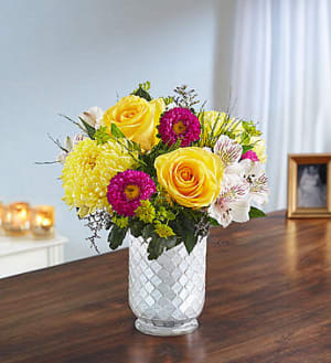 Beaming Sunshine in White Mosaic Vase Flower Bouquet