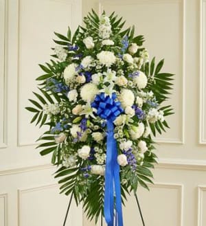Deepest Sympathies Standing Spray - Blue & White Flower Bouquet