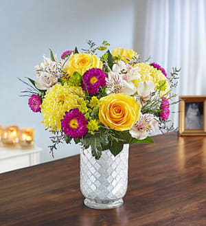 Sunshine Harmony in White Mosaic Vase Flower Bouquet