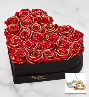 Magnificent Roses Preserved Gold Kissed Red Heart with Necklace Flower Bouquet