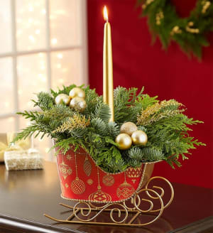 Classic Christmas Evergreens Sleigh Flower Bouquet