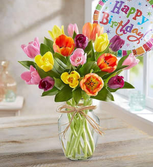 Timeless Tulips and  Happy Birthday Balloon Flower Arrangement Timeless Tulips and  Happy Birthday Balloon Flower Bouquet