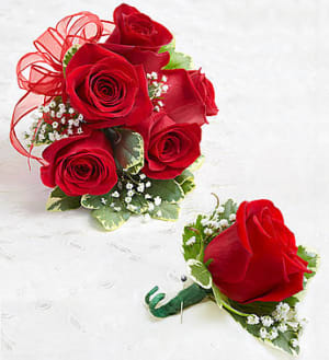 Red Rose Corsage & Boutonniere Flower Bouquet