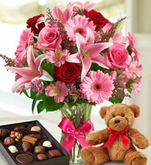 Valentine Surprise Bear And Chocolate Flower Arrangement Valentine Surprise Bear And Chocolate Flower Bouquet