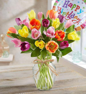 Timeless Tulips and  Happy Birthday Balloon Flower Arrangement Timeless Tulips and  Happy Birthday Balloon Flower Bouquet