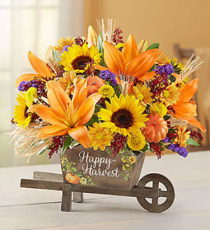 Happy Harvest Wheelbarrow Flower Arrangement Happy Harvest Wheelbarrow Flower Bouquet