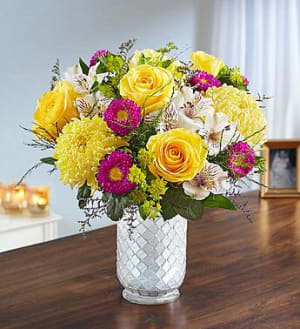 Beaming Sunshine in White Mosaic Vase Flower Bouquet