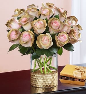 Be Mine Pink and Gold Roses Flower Bouquet